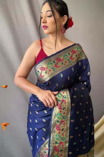 navy blue paithani saree with peacock zari pallu