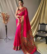 Pink paithani woven design saree and has a zari border blouse piece