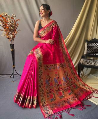 pink paithani woven saree with traditional zari border 2