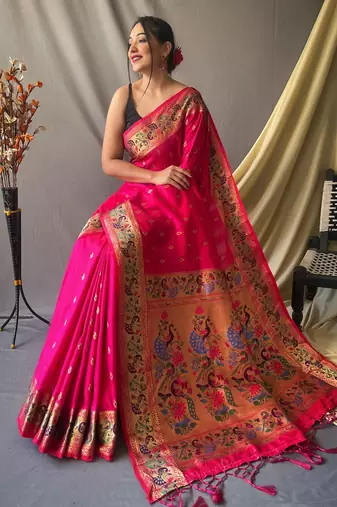 pink paithani woven saree with traditional zari border