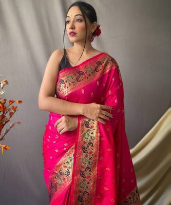 pink paithani woven saree with traditional zari border 3