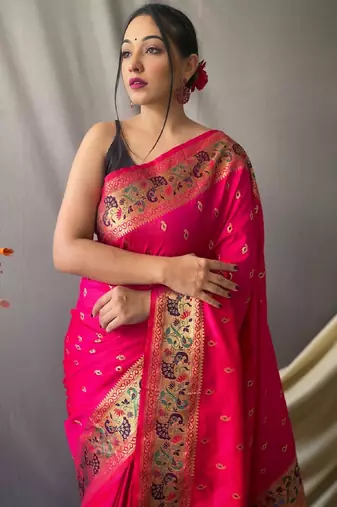 pink paithani woven saree with traditional zari border