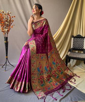 purple paithani woven saree with zari border blouse piece 2