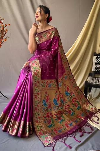 purple paithani woven saree with zari border blouse piece