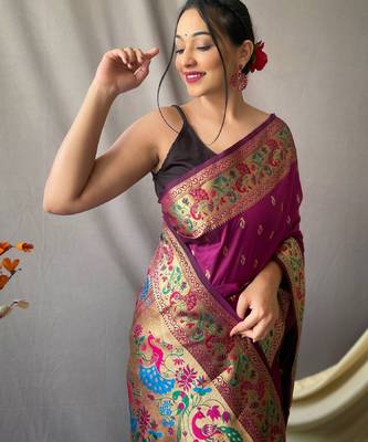 purple paithani woven saree with zari border blouse piece 3