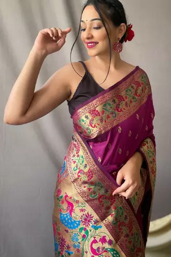 purple paithani woven saree with zari border blouse piece