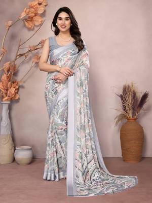 grey floral printed moss silk saree with satin border 1