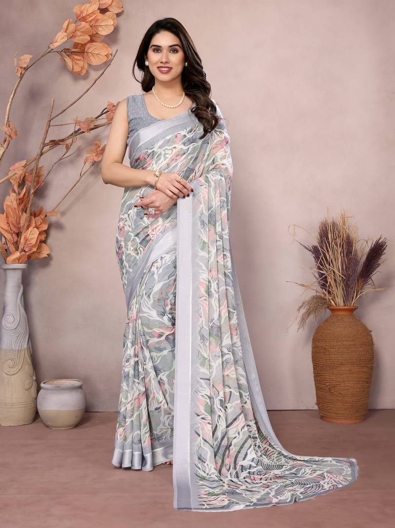 Satin Patta Saree With Beautiful Digital Print In Moss Silk With Blouse