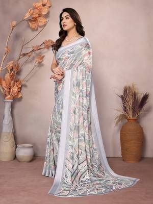 grey floral printed moss silk saree with satin border 2