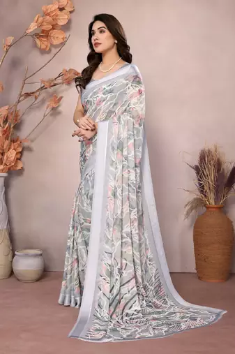 grey floral printed moss silk saree with satin border