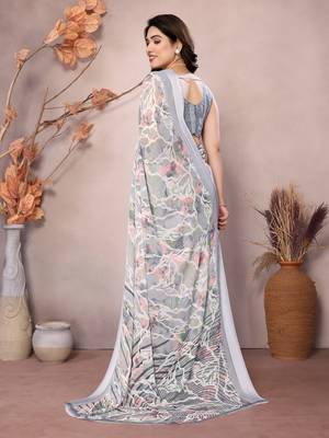 grey floral printed moss silk saree with satin border 3