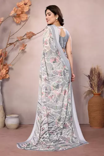 grey floral printed moss silk saree with satin border