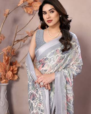 grey floral printed moss silk saree with satin border 4
