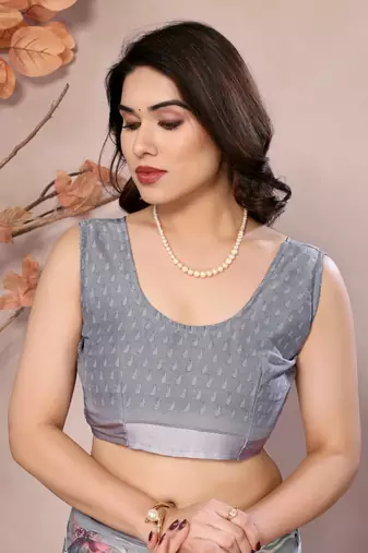 grey floral printed moss silk saree with satin border