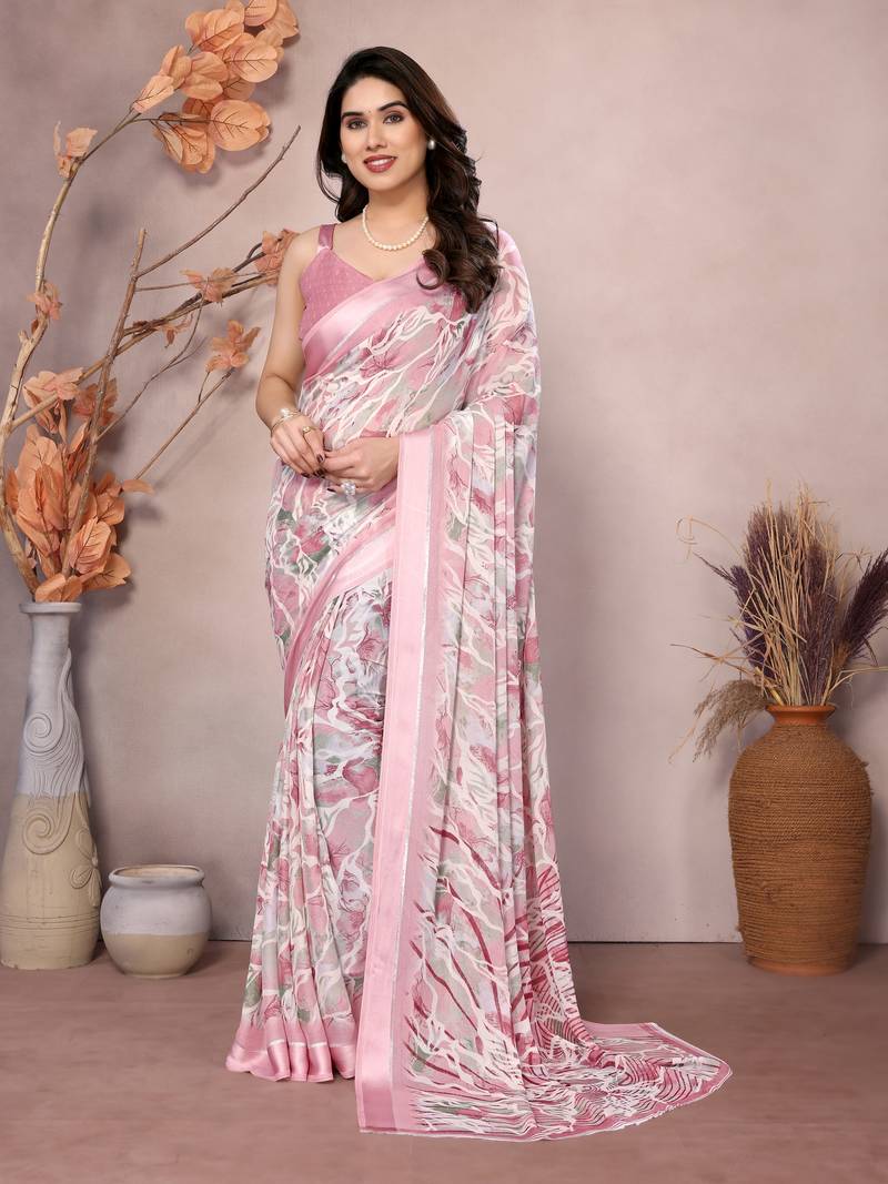 Satin Patta Saree With Beautiful Digital Print In Moss Silk With Blouse