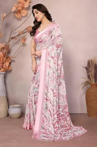 peach floral printed moss silk saree with satin border
