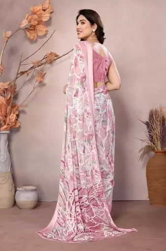 peach floral printed moss silk saree with satin border