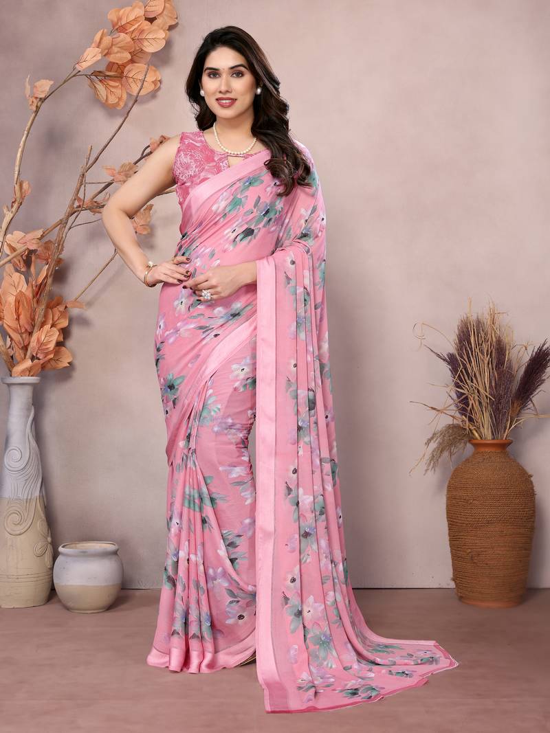 Satin Patta Saree With Beautiful Digital Print In Moss Silk With Blouse