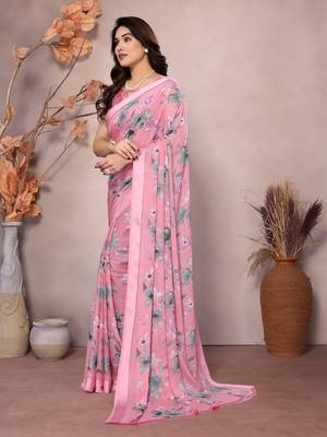 pink floral printed moss silk saree with satin border 2