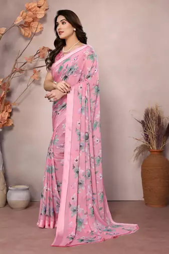 pink floral printed moss silk saree with satin border