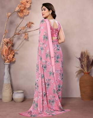 pink floral printed moss silk saree with satin border 3