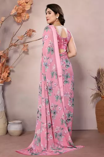 pink floral printed moss silk saree with satin border