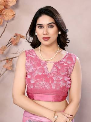 pink floral printed moss silk saree with satin border 4