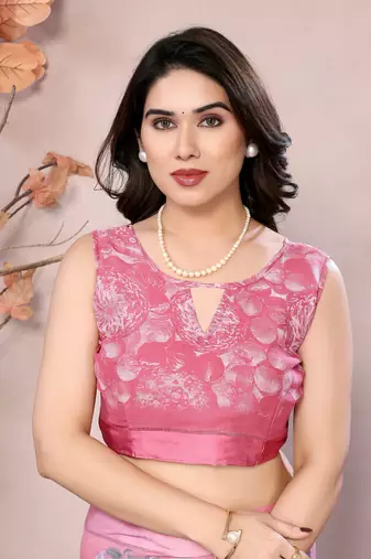 pink floral printed moss silk saree with satin border