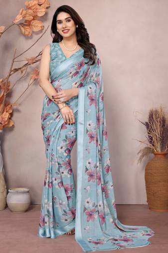 Satin Patta Saree With Beautiful Digital Print In Moss Silk With Blouse