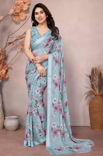 Satin Patta Saree With Beautiful Digital Print In Moss Silk With Blouse