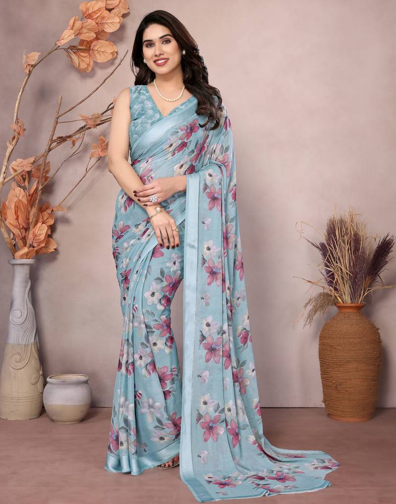 Satin Patta Saree With Beautiful Digital Print In Moss Silk With Blouse