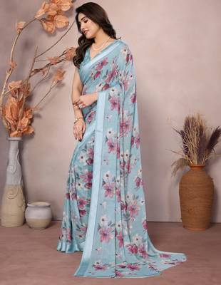 sky blue floral printed moss silk saree with satin border 2