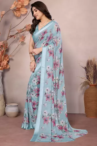 sky blue floral printed moss silk saree with satin border