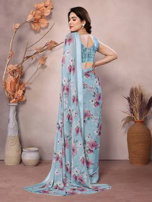 sky blue floral printed moss silk saree with satin border 3