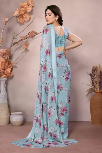 sky blue floral printed moss silk saree with satin border