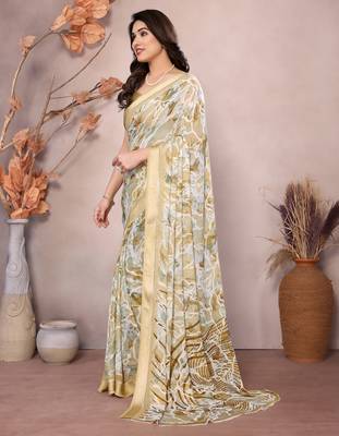 yellow floral printed moss silk saree with satin border 2