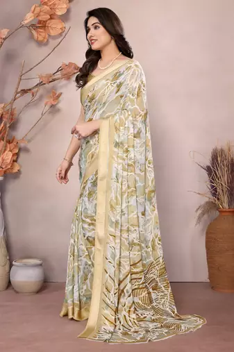 yellow floral printed moss silk saree with satin border