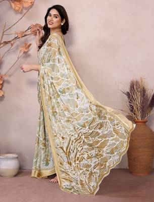 yellow floral printed moss silk saree with satin border 3