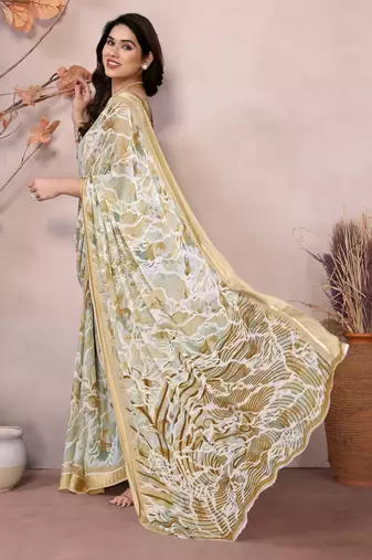 yellow floral printed moss silk saree with satin border