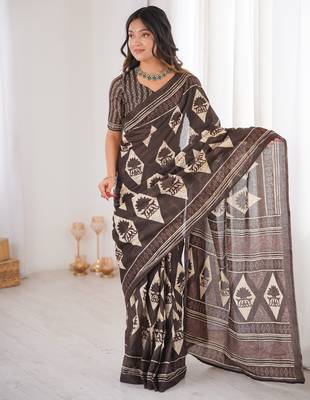 Brown blocked printed, floral print, geometric print soft pure cotton saree with blouse. 2