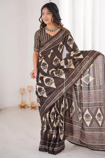 Brown blocked printed, floral print, geometric print soft pure cotton saree with blouse.