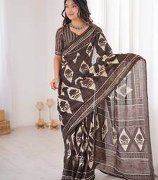 Brown blocked printed, floral print, geometric print soft pure cotton saree with blouse.