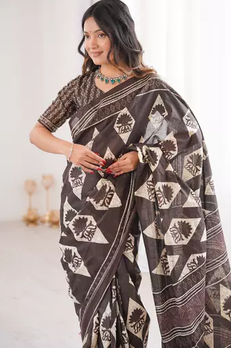 Brown blocked printed, floral print, geometric print soft pure cotton saree with blouse.