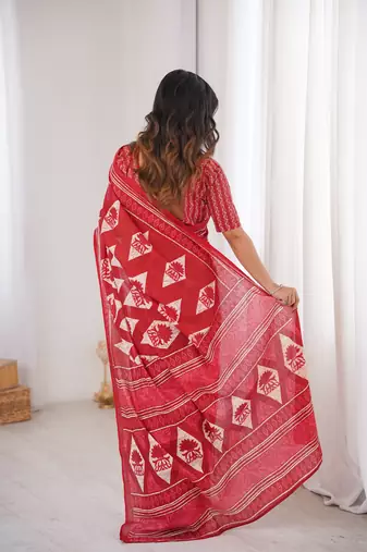Red blocked printed, floral print, geometric print soft pure cotton saree with blouse.