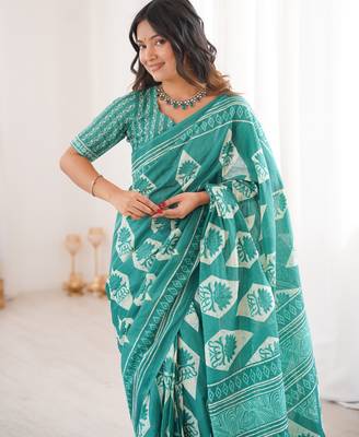 Teal green blocked printed, floral print, geometric print soft pure cotton saree with blouse. 5