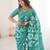 Teal green blocked printed, floral print, geometric print soft pure cotton saree with blouse.