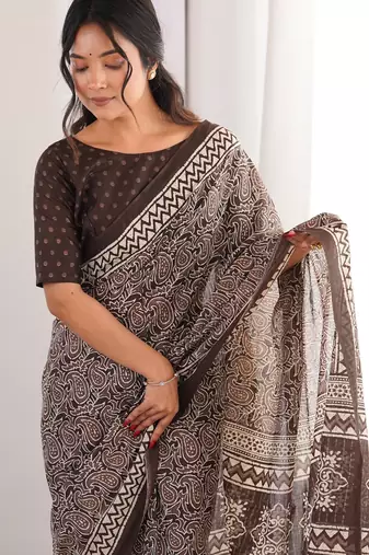 Brown blocked printed, paisley soft pure cotton saree with blouse.