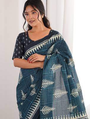 Teal blue blocked printed, floral print, geometric print soft pure cotton saree with blouse. 5