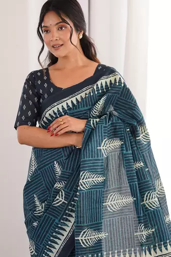 Teal blue blocked printed, floral print, geometric print soft pure cotton saree with blouse.