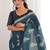 Teal blue blocked printed, floral print, geometric print soft pure cotton saree with blouse.